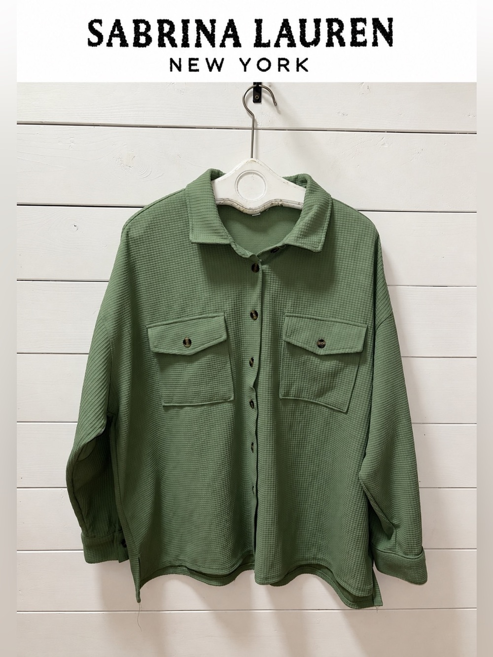 Sabrina Lauren New York Sage Green Waffle Overshirt – Size XL